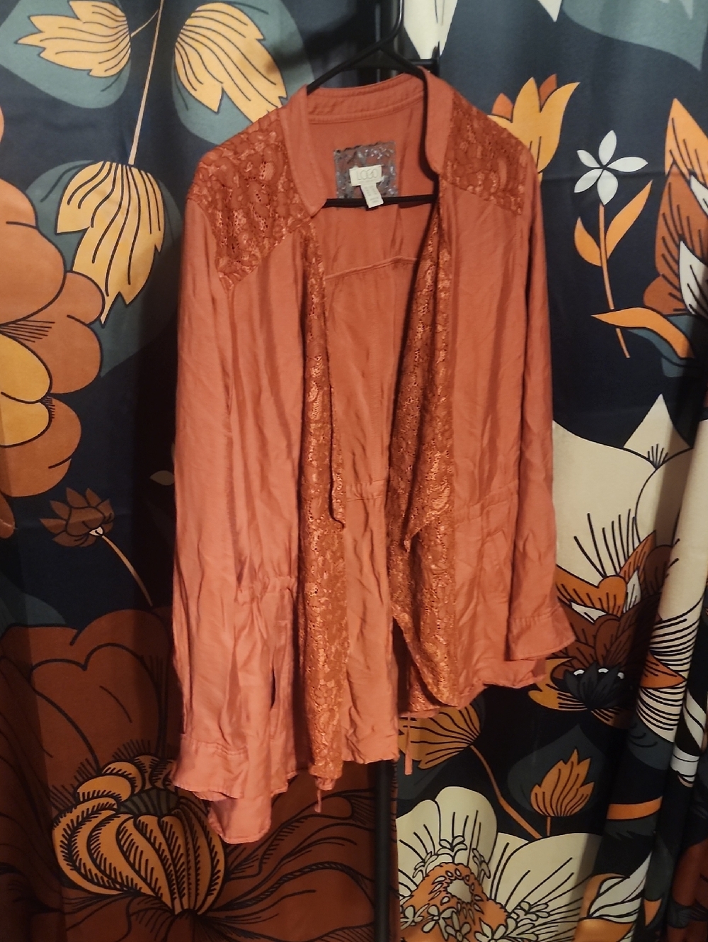 LOGO by Lori Goldstein Open-Front Lace-Trim Robe in Rust